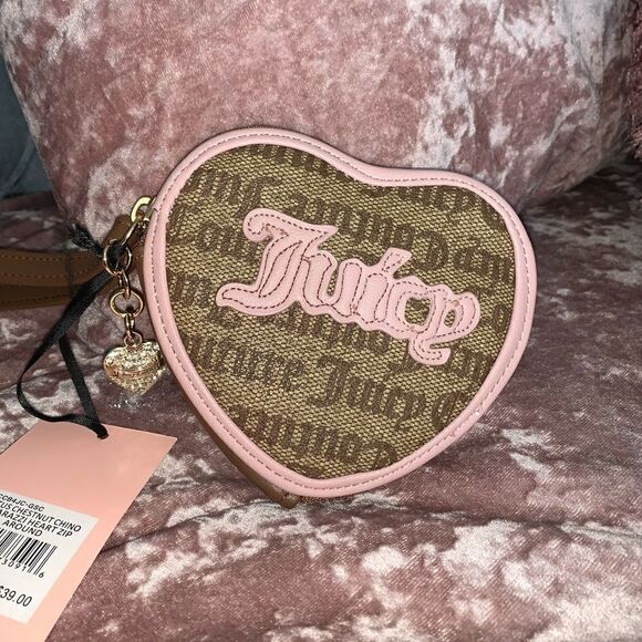 Juicy Couture Brown & Pink Heart Zip Up Pouch Wallet - Picture 2 of 5